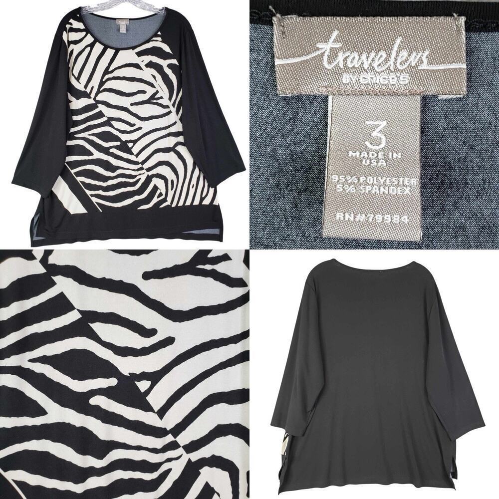 Chicos Travelers Tunic Women’s Shirt Size 3 US XL Black Animal Print Slinky Knit